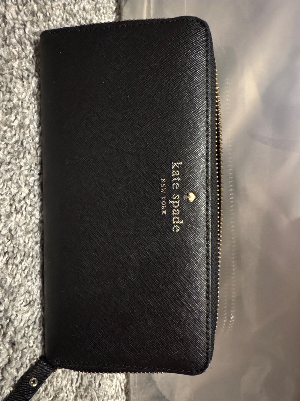 kate spade Black Leather Zip Wallet with Gold Logo